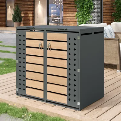 Image de Coffre pour poubelles 132 x 80 x 118,5 cm avec couvercle rabattable hydraulique, 2 portes, verrouillable, gris imitation bois