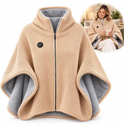 Produktbild von Heizcape mit USB-Anschluss, beheizbare Decke zum Umhängen 150 × 80 cm, 3 Heizstufen, Reißverschluss, Beige
