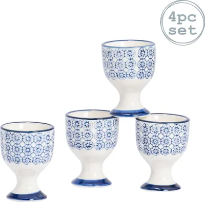 Produktbild von Nicola Spring 4 Stück handgedrucktes Eierbecher Set - Japanische Art Porzellan Frühstück hart weich gekochte Eier Halter - Navy