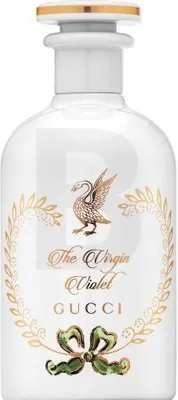 A white bottle of Gucci The Virgin Violet Eau de Parfum with gold accents and a green ribbon detail.