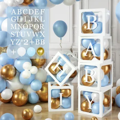 Immagine prodotto di Set di decorazioni per festa di nascita (baby shower) a tema maschile, composto da: 6 scatole trasparenti per palloncini, contenenti 54 lettere, e 45 palloncini nei colori blu, oro e bianco