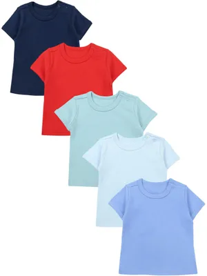 Produktbild von TupTam Baby Jungen Kurzarm T-Shirt mit Aufdruck Unifarben Sterne Streifen 5er Set, Farbe: Rot Dunkelblau Blau Grün Hellblau, Größe: 98