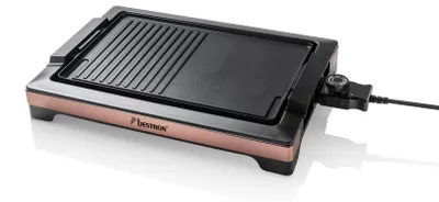 Produktbild von Bestron elektrischer Tischgrill, Teppanyaki mit herausnehmbarer Grillplatte & zwei Grilloberflächen, antihaftbeschichtet, 2.000 Watt, Farbe: Schwarz/Kupfer
