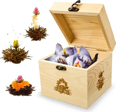 Produktbild von Creano Teekiste aus Holz mit 6 Teeblumen Erblühtee - 3 verschiedene Sorten Schwarzer Tee