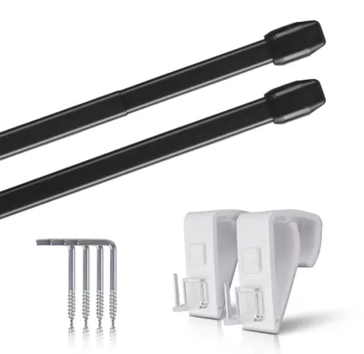 Produktbild von Vitragestangen Schwarz 110–150 cm ausziehbar (2er-Pack), Scheibenstange mit Klemmträger und Schraubhaken, für Küchen- & Bistrogardinen