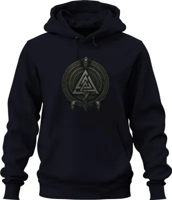 Obrázek produktu pro Valknut Odin Viking Runic Knot Runic Symbol Mythology Skull Uni mikina s kapucí, Navy, S