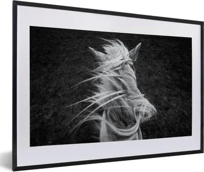Produktbild von MuchoWow® Gerahmtes Poster Mähne eines Pferdes in Schwarz und Weiß 60x40 cm - Poster mit Schwarzem Bilderrahmen Wandposter Rahmen Foto Bilder - Schlafzimmer - Plakat in Rahmen - Drucken