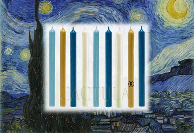 Productafbeelding van Cactula Lange Tafelkaarsen, 28 cm, set van 9 – Geïnspireerd door "Sterrennacht" van Van Gogh – Lichtblauw, oker, donkerblauw en champagne
