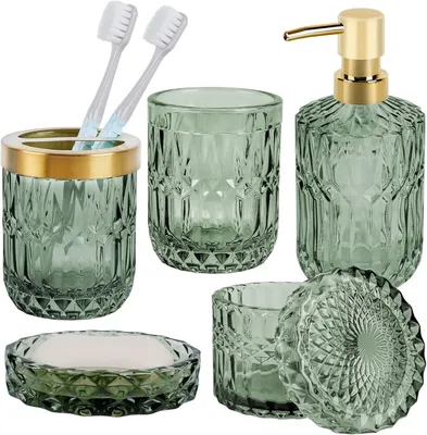 Produktbild von Badezimmeraufbewahrung 5-teiliges Badezimmer-Zubehör-Set aus grünem Glas, modernes Seifenspender-Set, Seifenschale, Zahnbürstenhalter, Wattestäbchen,