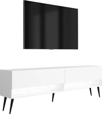 Produktbild von TV-Lowboard 170 cm Mattweiß, schwarze schräge Beine, weiße LED, 170 × 32 × 52 cm