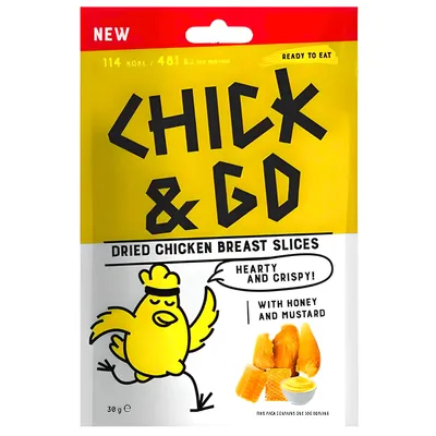 Produktbild von Chick & Go Getrocknete Hähnchenbrustscheiben mit Senf-Honig-Geschmack 30g