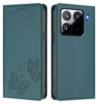 Obrázek produktu pro Kožené pouzdro pro Xiaomi 15 Pro, motýlí ražbou, peněženkové flip pouzdro se stojánkem Zelená