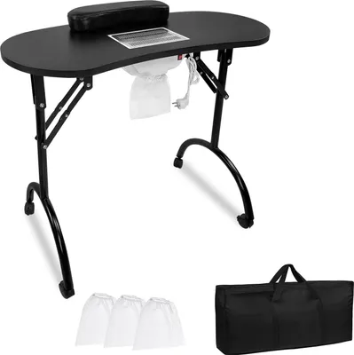 A black foldable manicure table with an integrated dust collector and armrest, shown with accessories and a carrying bag.