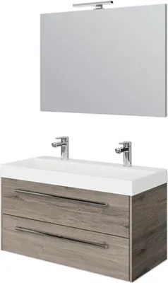 Produktbild von Pelipal Badmöbel-Set Milano BxHxT 100 x 200 x 45 cm Frontfarbe eiche sanremo mit Mineralguss-Doppelwaschtisch weiß SET-1