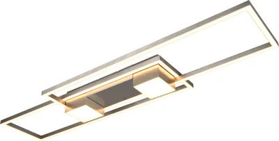 A modern, rectangular ceiling light fixture with multiple illuminated panels and a metallic frame, presented against a white background.