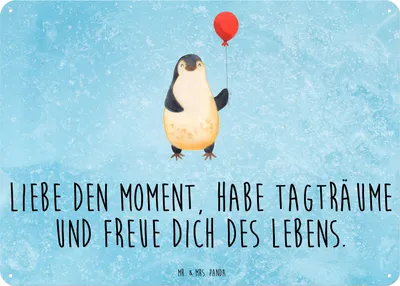 Produktbild von Mr. & Mrs. Panda Blechtafel Pinguin Luftballon DIN A3 - Eisblau - Geschenk, Schild, Türschild Metall, Pinguine, tafel, Wandbild, Retro Blechschild, Liebe, Freundin