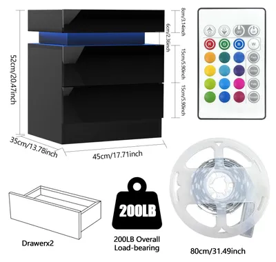 Produktbild von Nachttisch - Nachtkommode mit 2 Schubladen - LED Beleuchtung - Holzrahmen - Modernes Design - Schwarz
