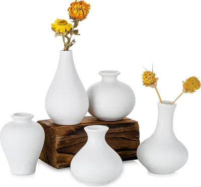 Produktbild von Kleine Weiß Keramik Vasen 5er-Set, Mini Handmade Keramikvasen für Deko