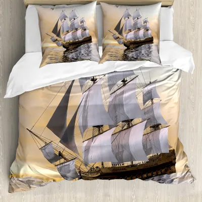 Produktbild von ABAKUHAUS maritim Bettbezug, Schiff auf Ozean, Milbensicher Allergiker geeignet mit Kissenbezügen, 155 cm x 220 cm - 80 x 80 cm, Mehrfarbig