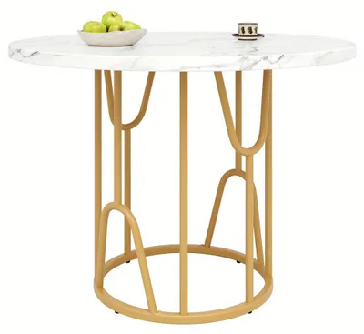 Image de Table ronde - Table de salle à manger - Table de cuisine - Table - Plateau en MDF imitation marbre - Pieds en métal doré