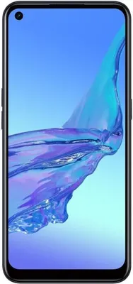 A smartphone with a blue and purple abstract wallpaper displayed on its screen.