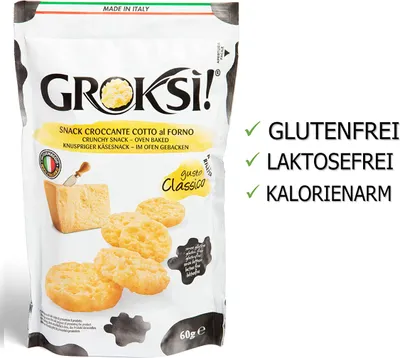 Zdjęcie produktu dla Przekąska serowa Groksi Classico z Włoch bez glutenu i laktozy 60g
