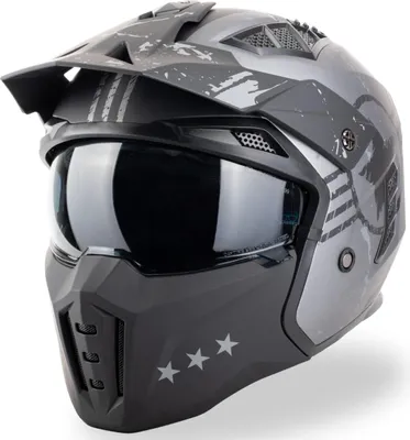 Produktbild von VINZ Shikoku Jethelm / Streetfighter helm | ECE 22.06 zugelassen | Motorradhelm | Rollerhelm mit Sonnenvisier / Sonnenblende | Jet Helm Mit abnehmbarem Kinnschutz - Grau | M (57 - 58 cm)