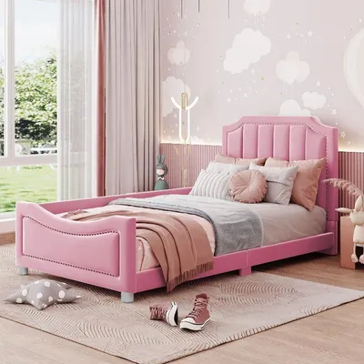 Zdjęcie produktu dla Łóżeczko dziecięce 90x200 cm, różowe, obite flanelą, z oparciem i podłokietnikami, rama łóżka-sofy z 12 drewnianymi listwami
