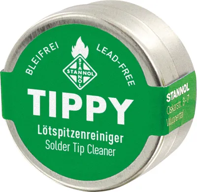 A round metal tin with a green label for solder tip cleaner.
