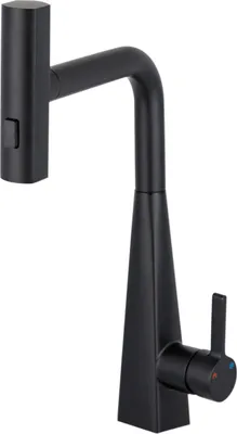 A black kitchen faucet is shown against a white background.