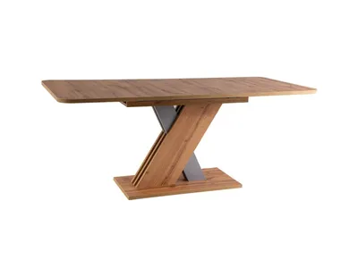 A dining table with a wooden top and a metallic base.