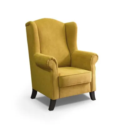 A yellow armchair is displayed against a white background.