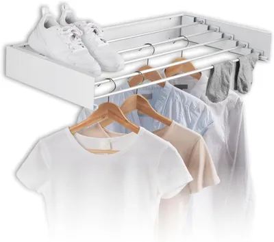 Image de Sèche-linge mural - Étagère à linge - Gain de place - Extensible et pliable - 4 mètres de longueur de séchage - Blanc