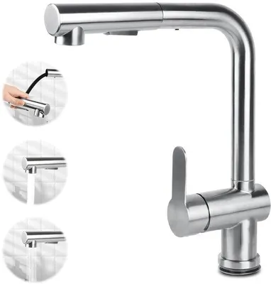 Immagine prodotto di Miscelatore da cucina estraibile Unyqoos® – girevole a 360°, con 2 modalità di getto, in acciaio inossidabile spazzolato (304), con tubo flessibile