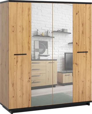 Produktbild von Kleiderschrank INES IN-10 mit 4 Türen 2 Schubladen Schrank 180x215 cm Drehtürenschrank Spiegel Mehrzweckschrank Loft (Artisan Eiche / Schwarz)