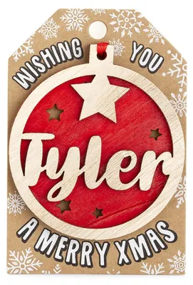 Personalisierte rote Holz-Weihnachtskugel mit Namen Tyler