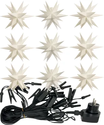 A set of nine white star-shaped LED lights with black wires and a plug, arranged on a white background.
