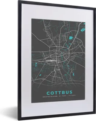 Produktbild von MuchoWow® Gerahmtes Poster Deutschland - Blau - Cottbus - Stadtplan - Karte 30x40 cm - Poster mit Schwarzem Bilderrahmen Wandposter Rahmen Foto Bilder - Wandposter Schlafzimmer