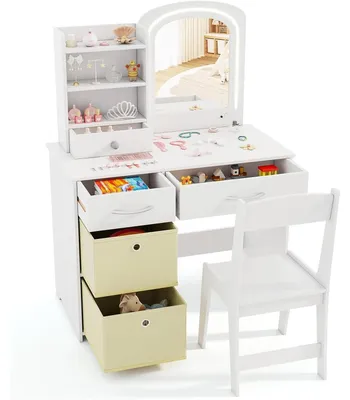 Productafbeelding van Make-uptafel voor kinderen met LED-verlichting en 5 lades, houten prinsessenmake-uptafel, wit