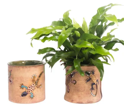 Produktbild von Übertopf „Gecko“ handbemalt  Mediterraner Keramik Blumentopf Bunter Pflanztopf mit Echsen-Motiv z.B. Ø 13,50 cm