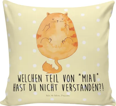 Produktbild von Mr. & Mrs. Panda Deko Kissen Katze Mittelfinger - Gelb Pastell - Geschenk, 40x40, bedruckt, Kater, kuschelkissen, Sofa, Mietze, Cat, Dekokissen, Katzen, Cats, Kleines