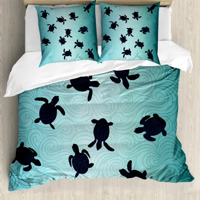 Produktbild von ABAKUHAUS Marine Bettbezug Set, Baby Meeresschildkröten Schattenbild Ozean Elemente Muster, 155 x 220 cm + 80 x 80 cm, Teal Dunkelblau