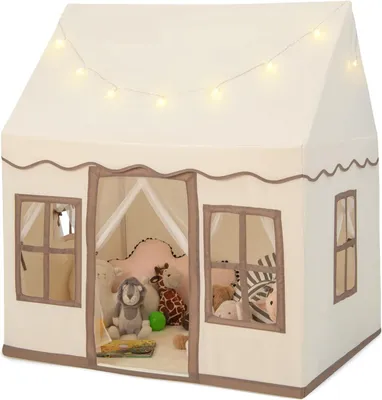 Produktbild von GOPLUS Spielzelt für Kinder, Kinderspielhaus mit Sternenlichtern, Rutschfester Matte, Belüfteten Fenstern, Kinderzelt (Braun)