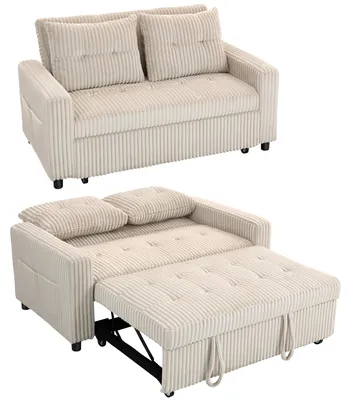 Produktbild von 2-Sitzer Sofabett, Cordbezug, zum Schlafsofa umwandelbar, 2 Kissen, Seitentaschen, 157 x 190 cm, Cremeweiß