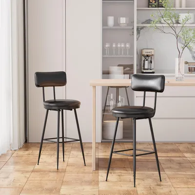 Produktbild von Set aus 2 modernen Barhockern in schwarzem Kunstleder, minimalistisches Design mit Rückenlehne, stabiles Metallgestell, komfortabel und leicht zu reinigen