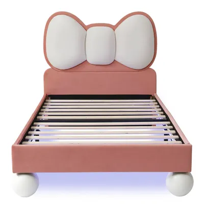 Produktbild von Flieks Polsterbett 90x200cm mit Led, Kinderbett Einzelbett mit Schleifeformkopfteil, Klassisches Bett Kinderbett Jugendbett mit Lattenrost, Samt