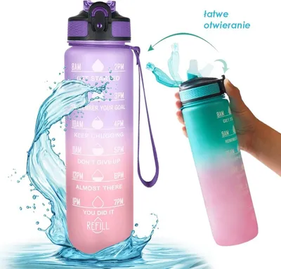 Produktbild von Wasserflasche mit Maß und Strohhalm 1l ombre lila mit Koralle bd20