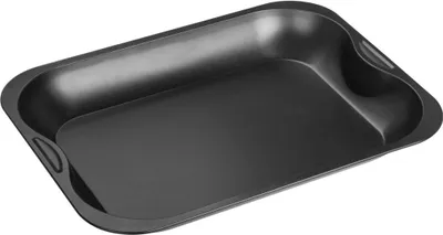 A black baking tray is shown from a slightly elevated angle against a white background.