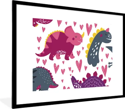 Produktbild von MuchoWow® Gerahmtes Poster Dino - Herz - Muster - Rosa - Mädchen - Dinosaurier 80x60 cm - Poster mit Schwarzem Bilderrahmen Wandposter Rahmen Foto Bilder - Schlafzimmer-Dekorationen - Fotoposter