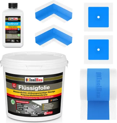 Produktbild von Isolbau Dicht-Set - Inkl. 1x Flüssigfolie (7 kg), 1x Isogrund (1 L), 1x Dichtband (5 m), 2x Innenecken & 2x Manschetten